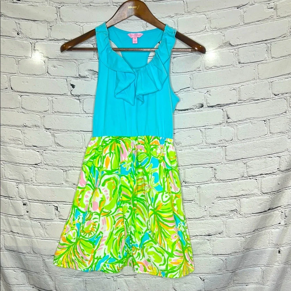 Lilly Pulitzer Sleeveless Blue Green Floral Skirt Dress Size 14